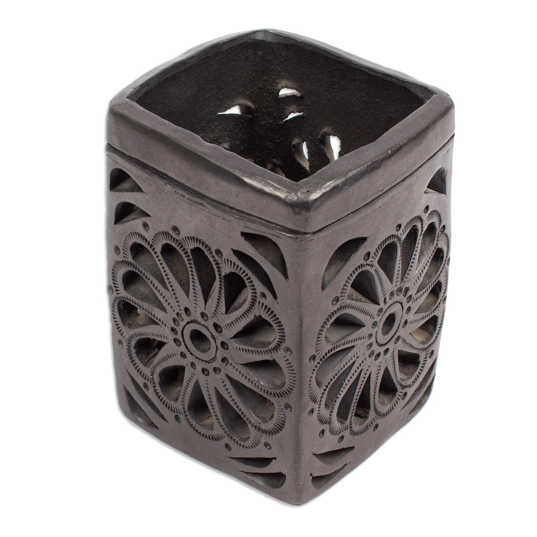 Oaxaca Barro Negro Rectangular Floral Ceramic Pencil Holder - Oaxacan Flower