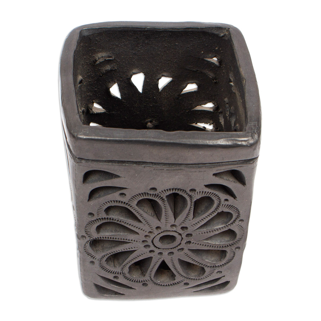 Oaxaca Barro Negro Rectangular Floral Ceramic Pencil Holder - Oaxacan Flower