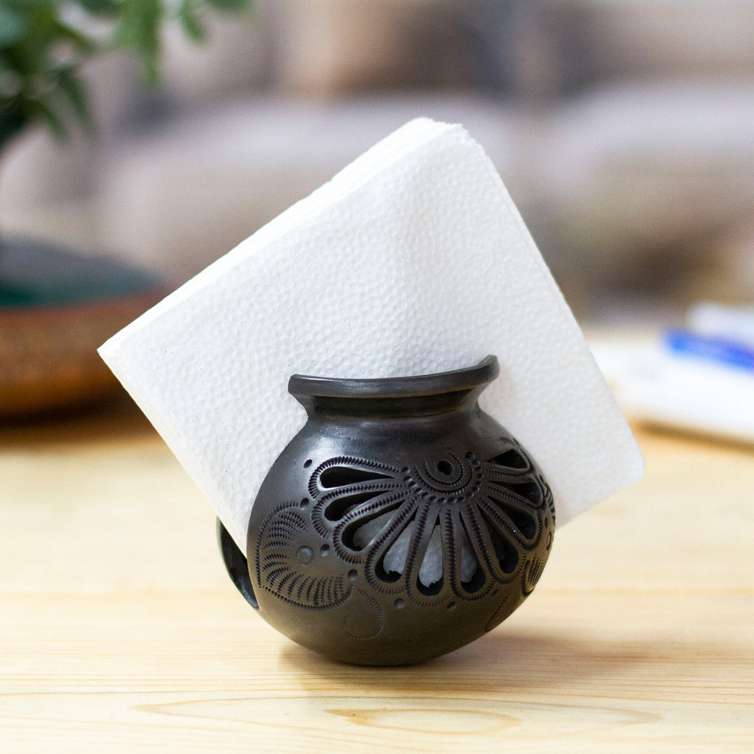 Oaxaca Barro Negro Ceramic Napkin Holder - Fan Flower