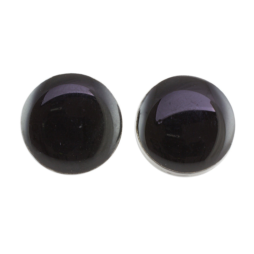 Black Art Glass Circle Button Earrings from Costa Rica - Evening Pools
