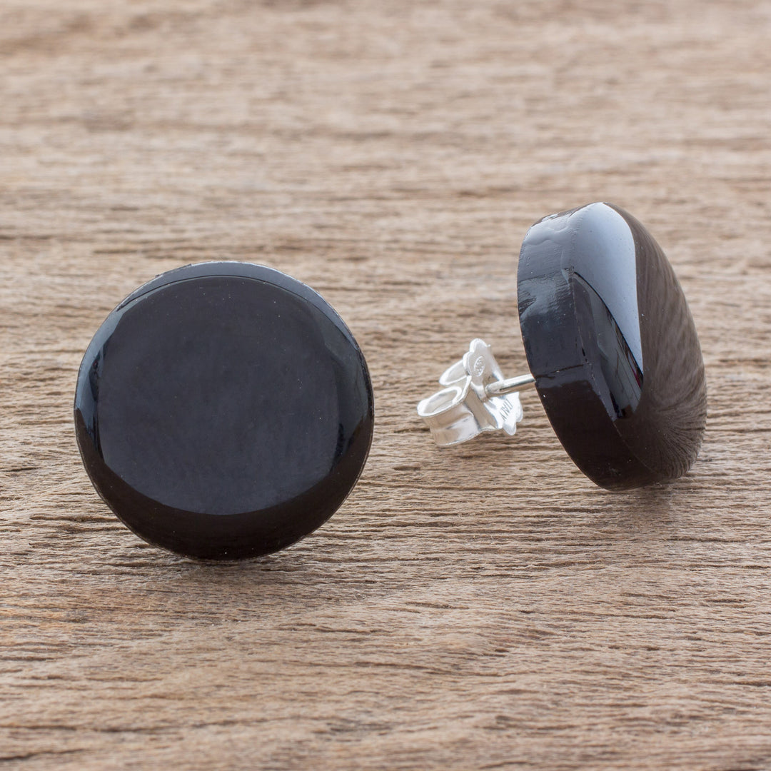 Black Art Glass Circle Button Earrings from Costa Rica - Evening Pools