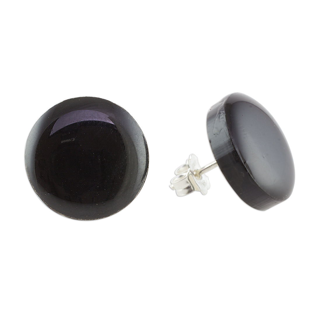 Black Art Glass Circle Button Earrings from Costa Rica - Evening Pools