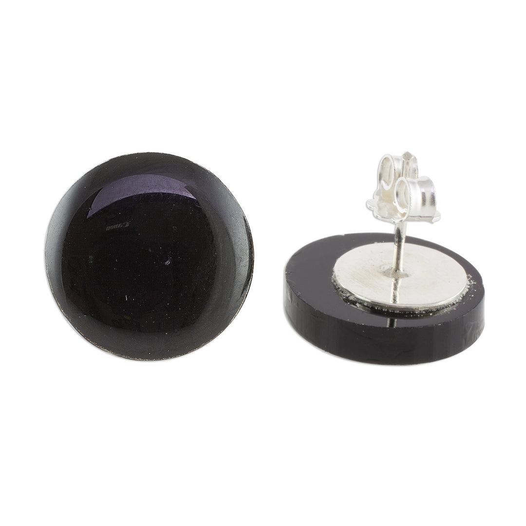 Black Art Glass Circle Button Earrings from Costa Rica - Evening Pools
