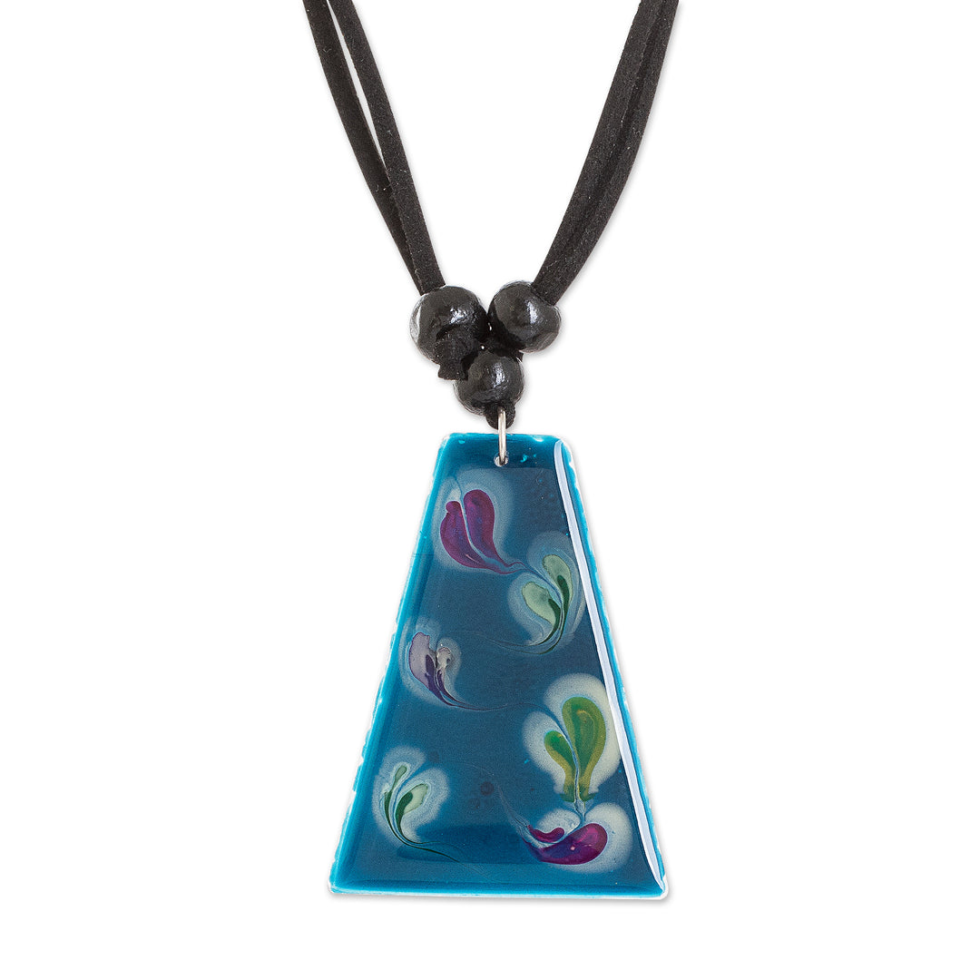 Blue Trapezoid Art Glass Pendant Necklace from Costa Rica - Deep Sea Currents