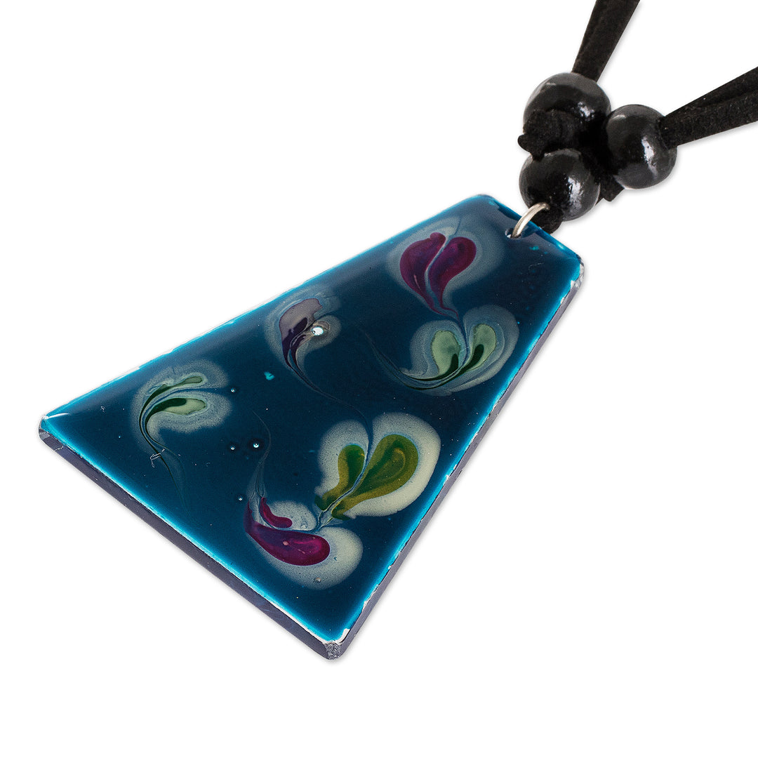Blue Trapezoid Art Glass Pendant Necklace from Costa Rica - Deep Sea Currents