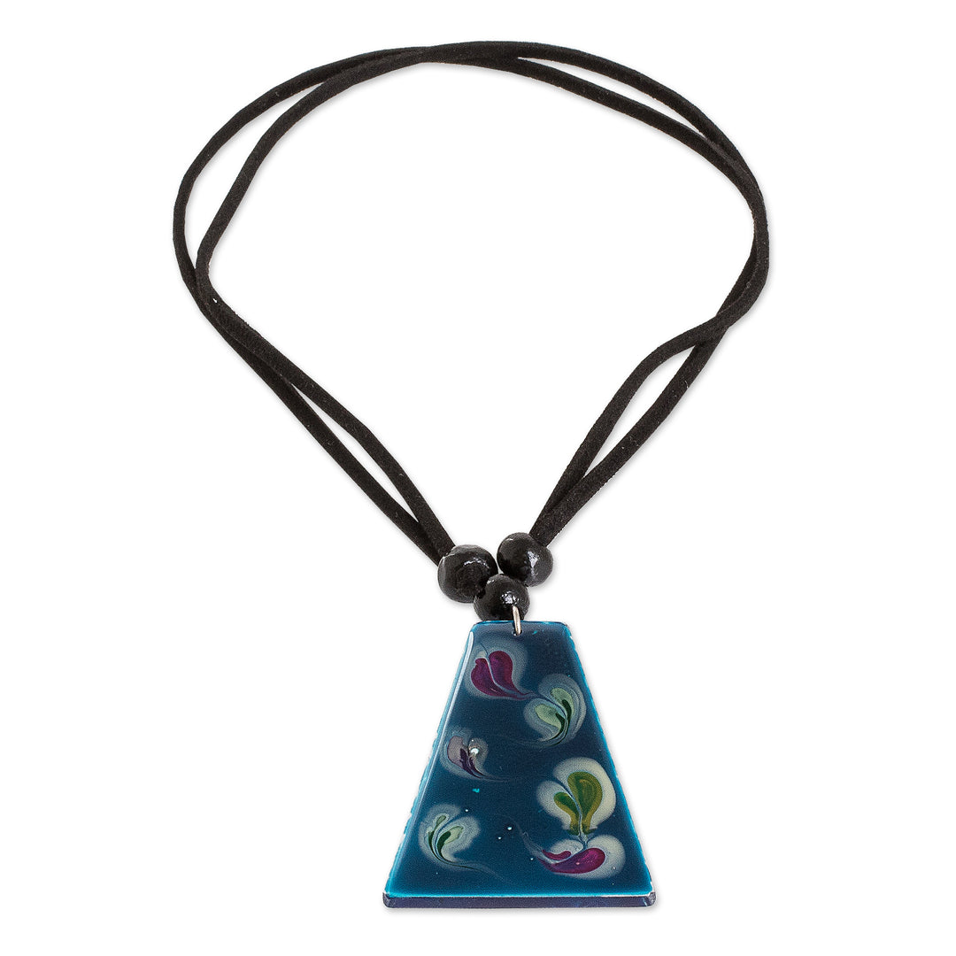 Blue Trapezoid Art Glass Pendant Necklace from Costa Rica - Deep Sea Currents