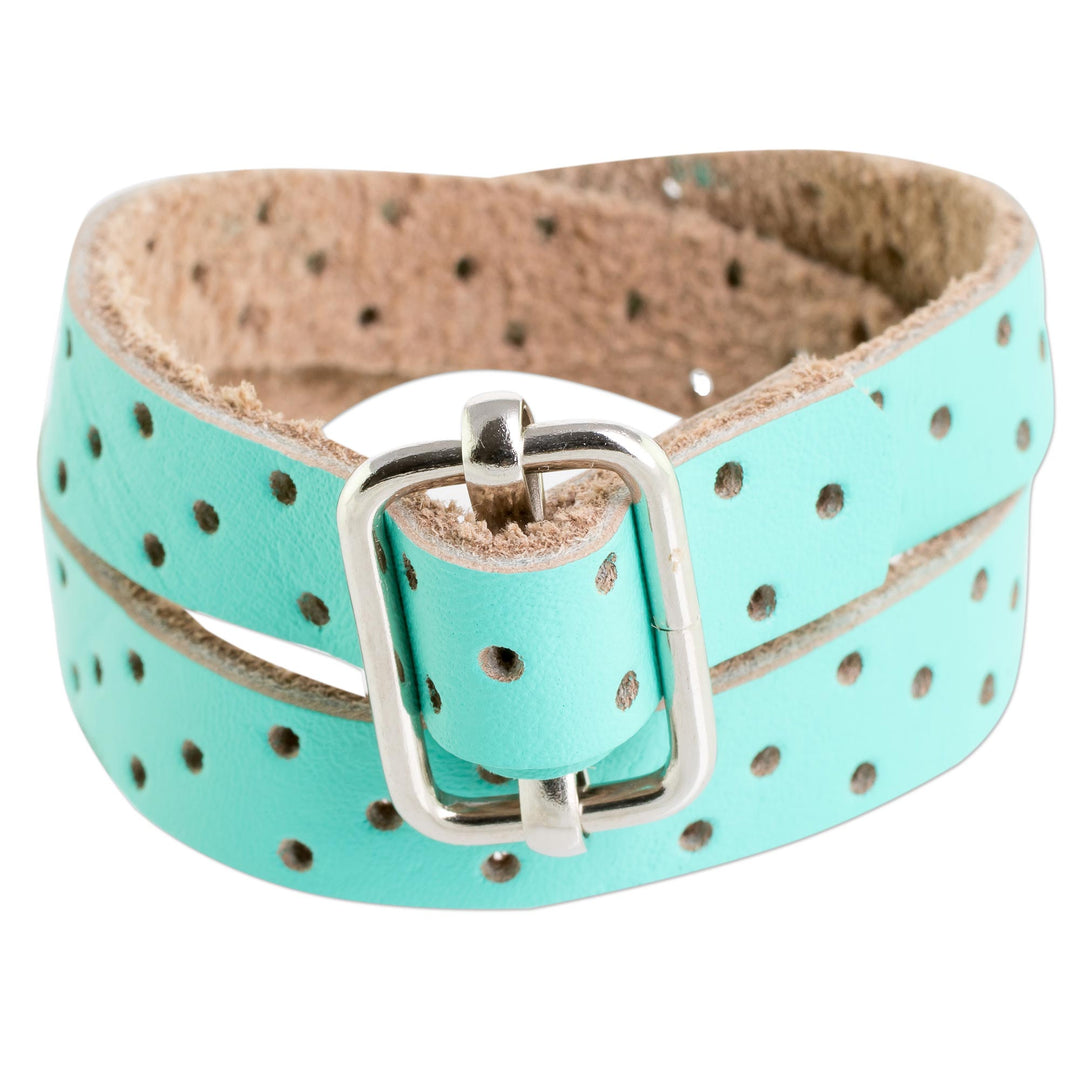Aqua Leather Wrap Bracelet from Costa Rica - Bold Illusion in Aqua
