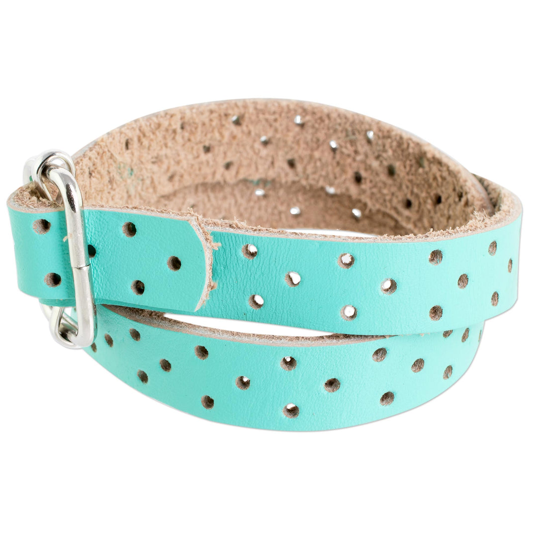 Aqua Leather Wrap Bracelet from Costa Rica - Bold Illusion in Aqua