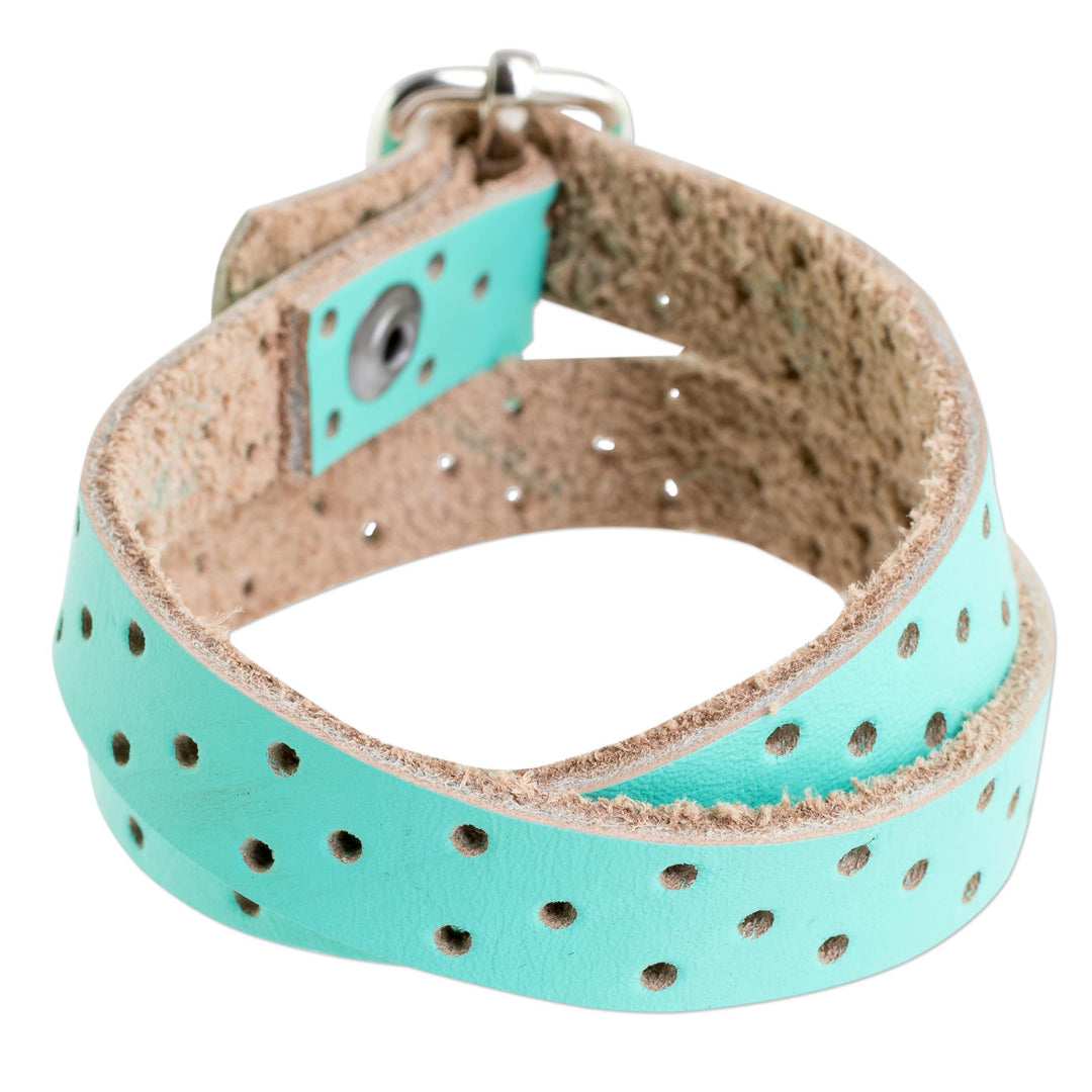 Aqua Leather Wrap Bracelet from Costa Rica - Bold Illusion in Aqua
