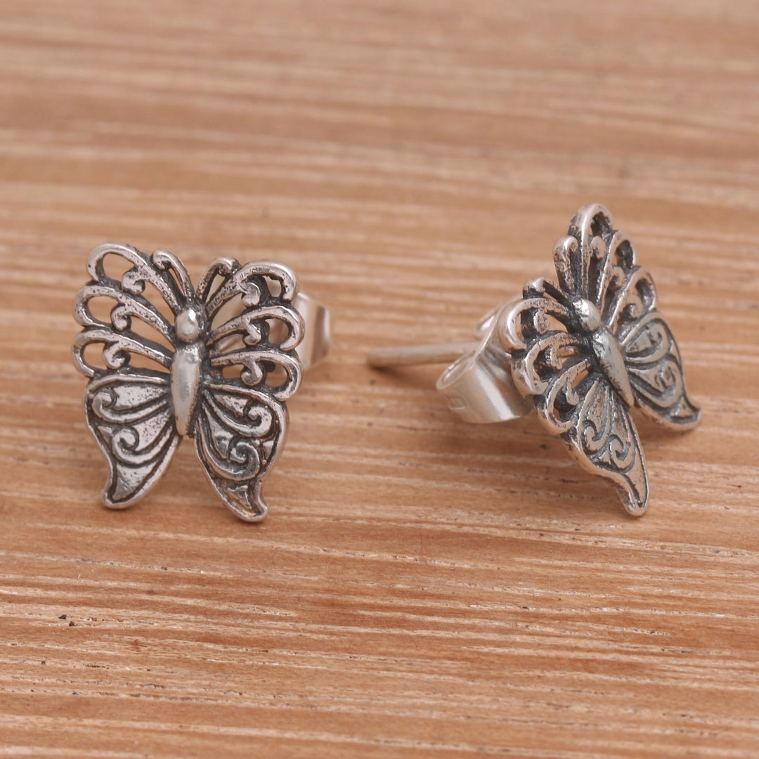 Balinese Handmade Sterling Silver Butterfly Stud Earrings - Fluttering Beauty