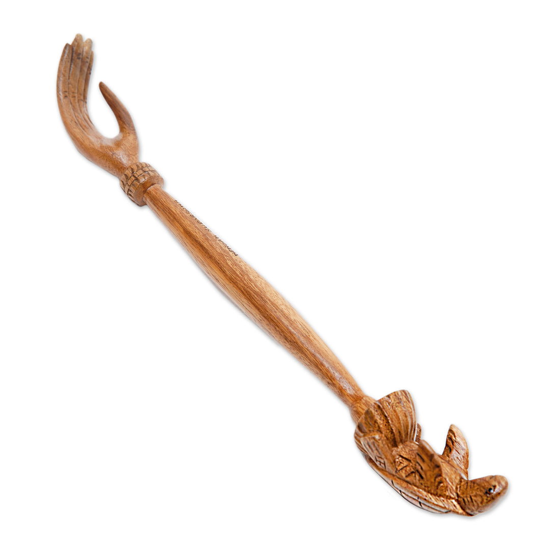 Turtle Themed Wood Back Scratcher Hand Carved in Bali - Turtle Relief in Natural