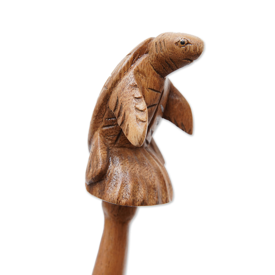 Turtle Themed Wood Back Scratcher Hand Carved in Bali - Turtle Relief in Natural