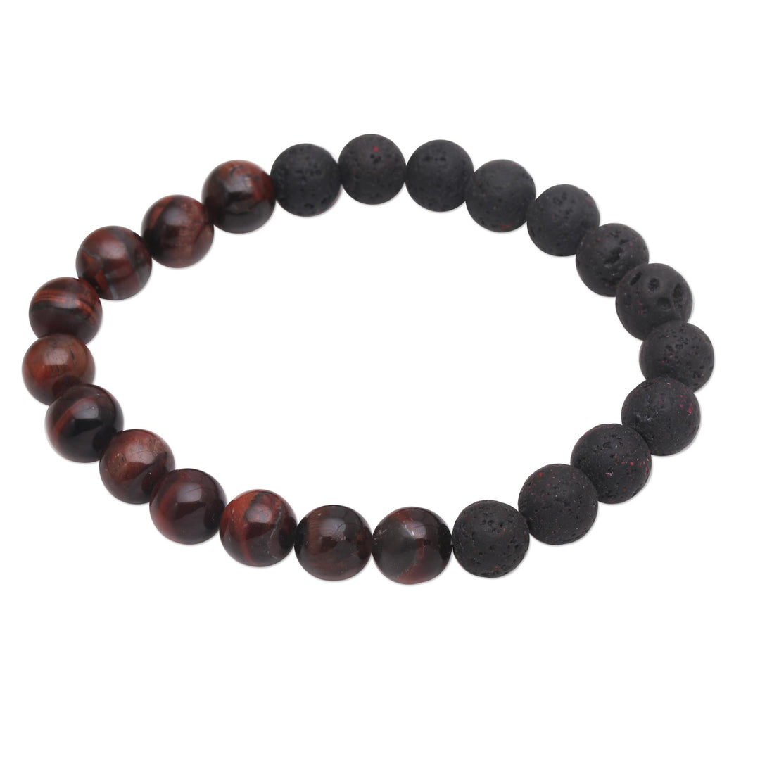 Black Lava Stone and Brown Agate Beaded Stretch Bracelet - Quiet Volcano