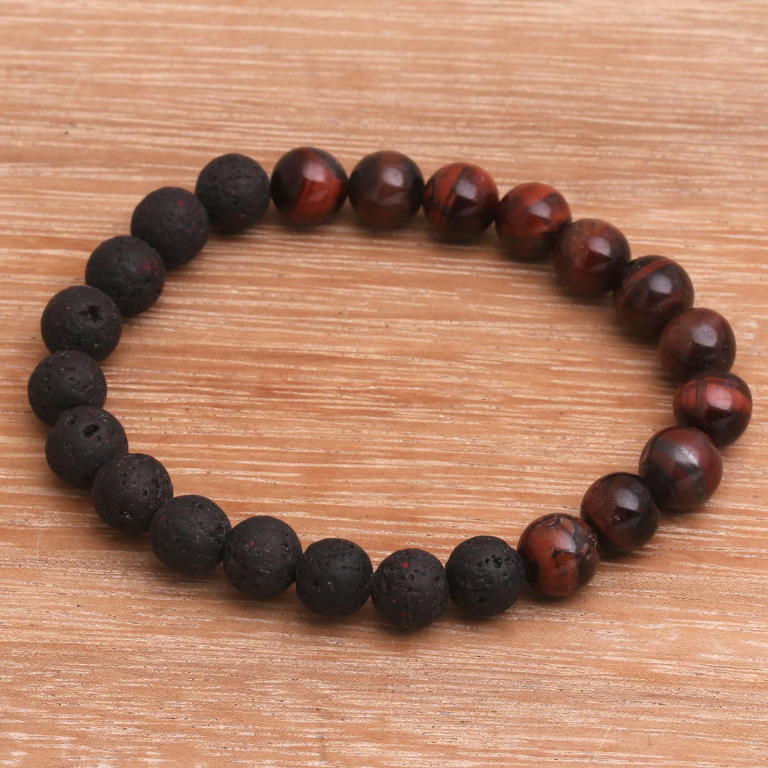 Black Lava Stone and Brown Agate Beaded Stretch Bracelet - Quiet Volcano