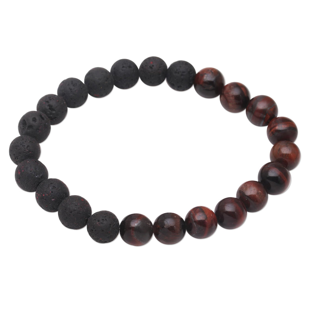 Black Lava Stone and Brown Agate Beaded Stretch Bracelet - Quiet Volcano