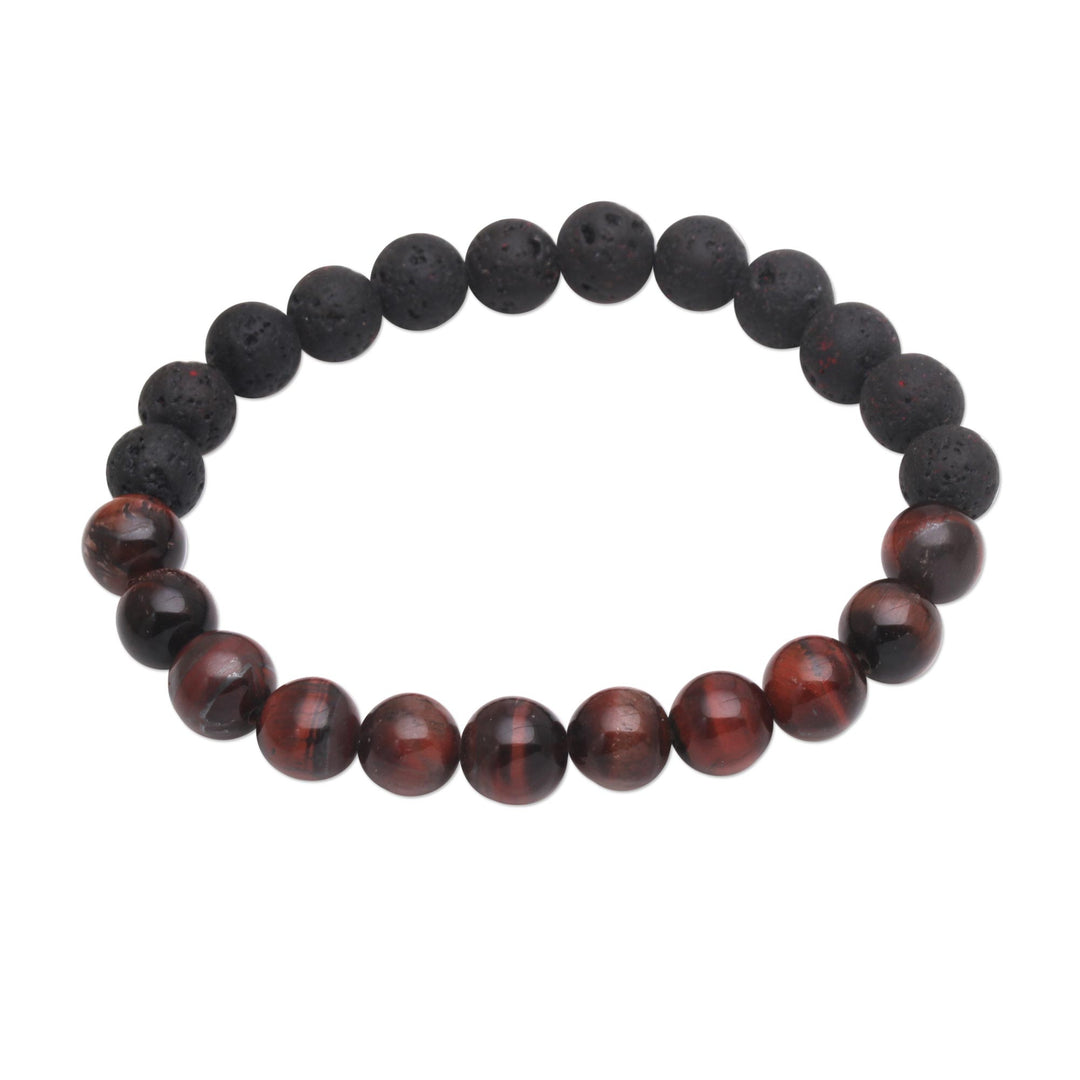 Black Lava Stone and Brown Agate Beaded Stretch Bracelet - Quiet Volcano