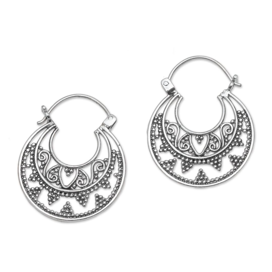 Sterling Silver Hoop Earrings Handcrafted in Bali - Moonlight Descent