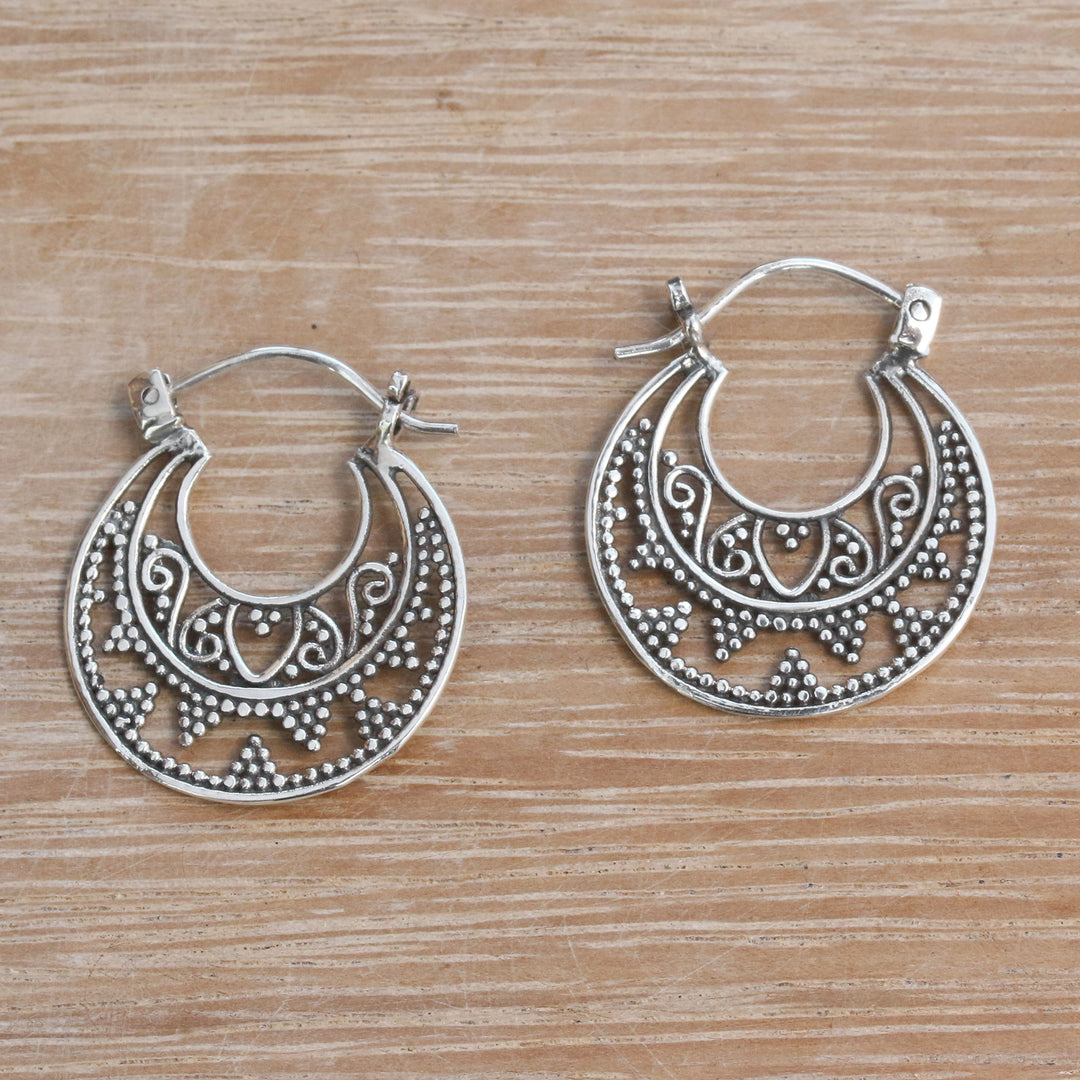 Sterling Silver Hoop Earrings Handcrafted in Bali - Moonlight Descent