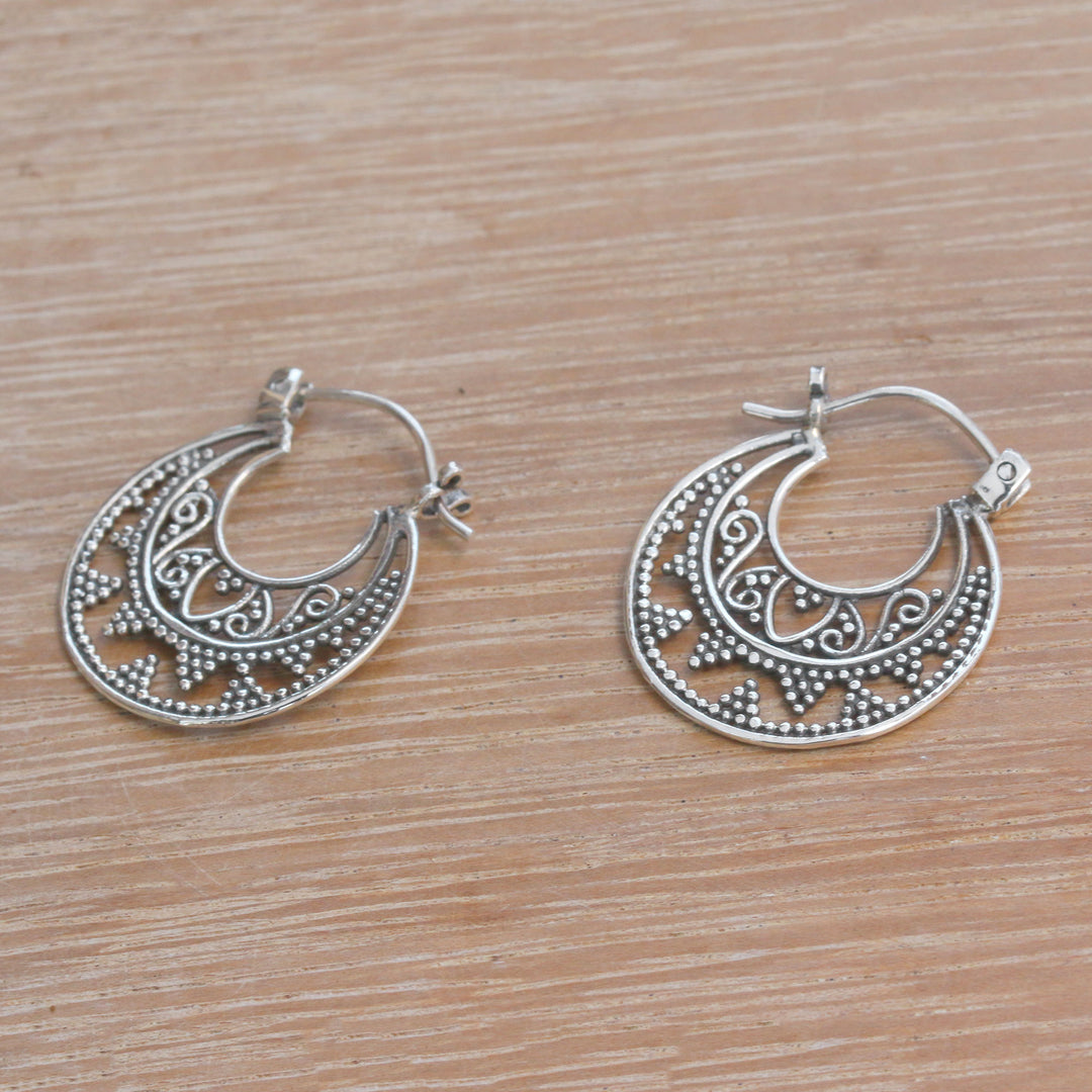 Sterling Silver Hoop Earrings Handcrafted in Bali - Moonlight Descent