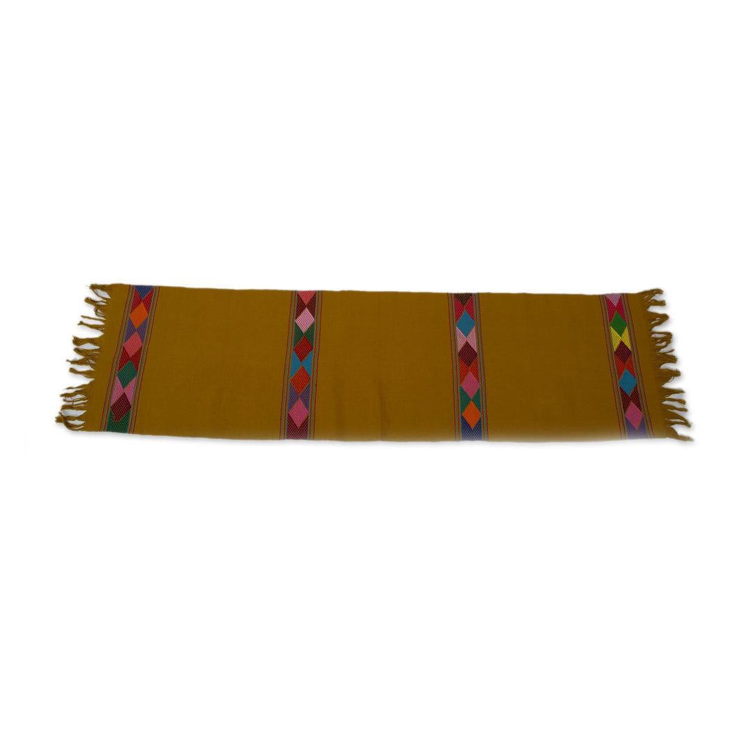 Mustard Yellow Cotton Hand Woven Diamond Motif Table Runner - Harvest Fiesta