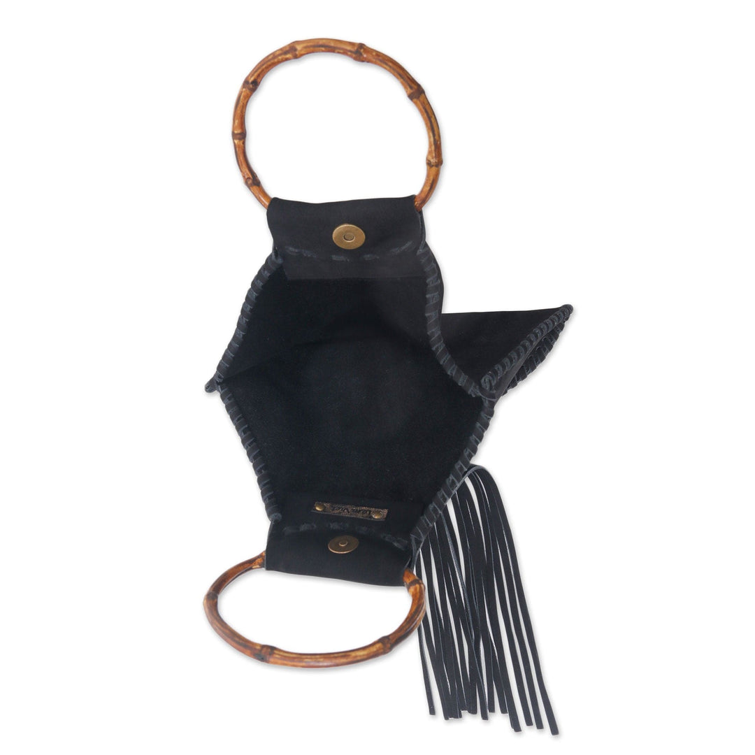 Balinese Black Suede and Bamboo Handle Handbag with Fringe - Endeavor in Onyx