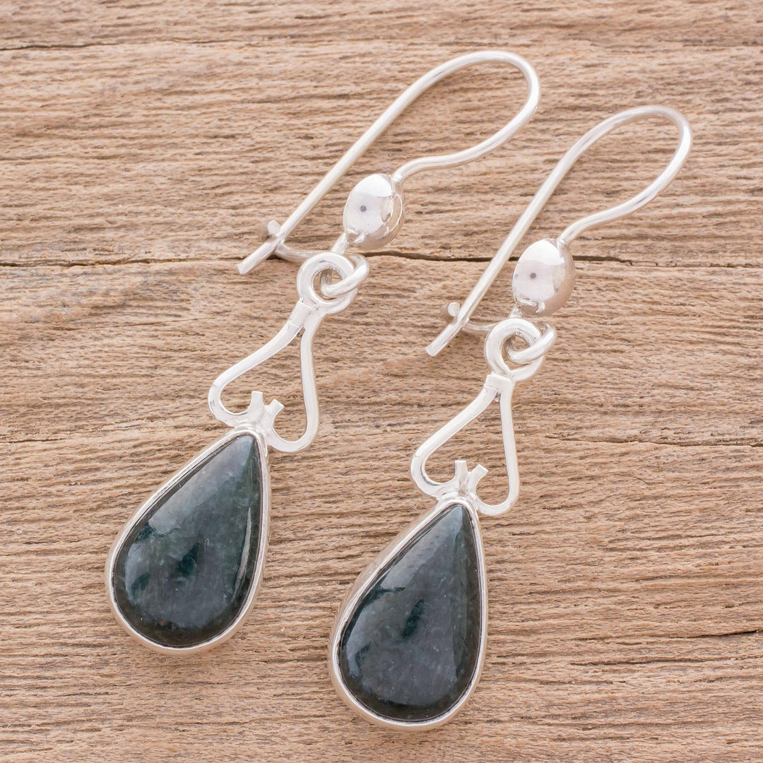 Jade and Sterling Silver Dangle Earrings from Guatemala - Marvelous Drop in Dark Green