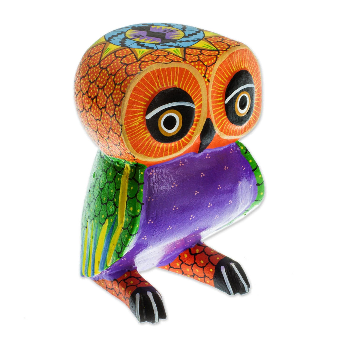 Mexican Hand Painted Copal Wood Owl Alebrije Sculpture - Nocturnal Mirage