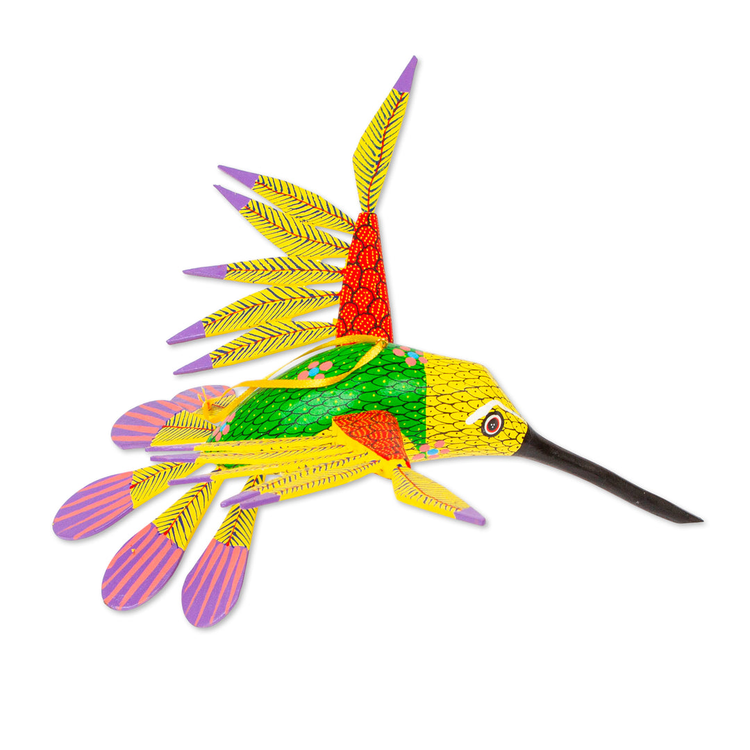 Copal Wood Yellow Colorful Alebrije Hummingbird Ornament - Fanciful Flutter in Yellow