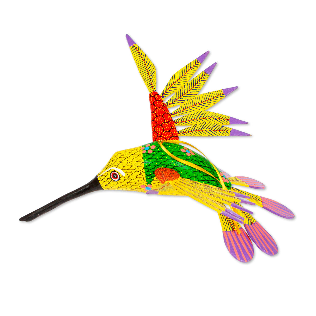 Copal Wood Yellow Colorful Alebrije Hummingbird Ornament - Fanciful Flutter in Yellow