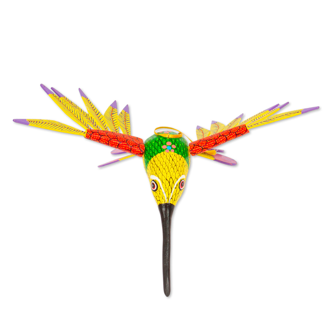 Copal Wood Yellow Colorful Alebrije Hummingbird Ornament - Fanciful Flutter in Yellow