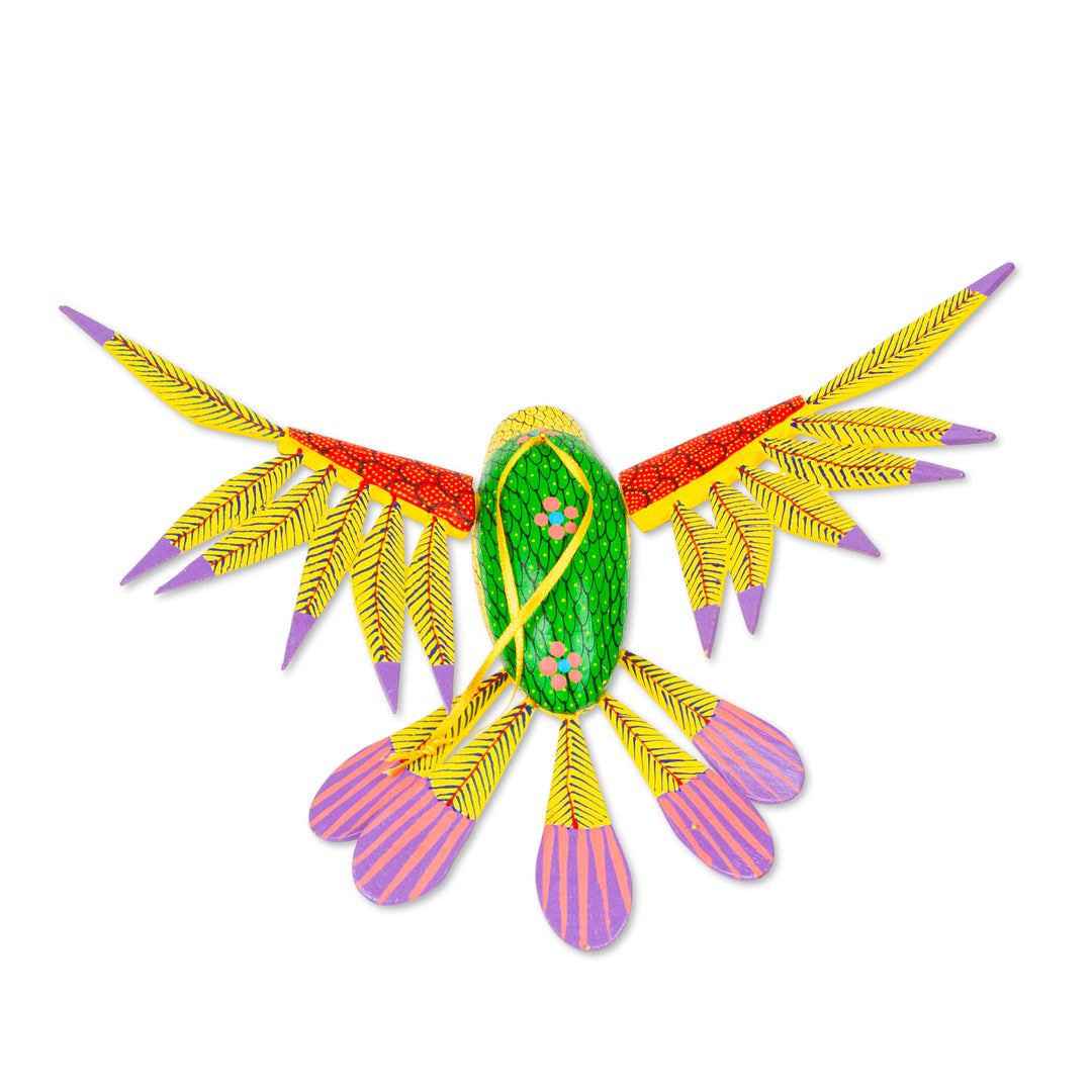 Copal Wood Yellow Colorful Alebrije Hummingbird Ornament - Fanciful Flutter in Yellow