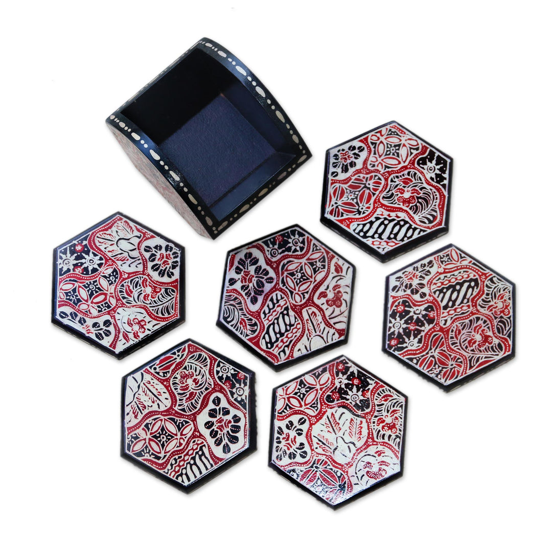 Red and Black Floral Batik Set of Six Wadang Wood Coasters - Sekarjagad