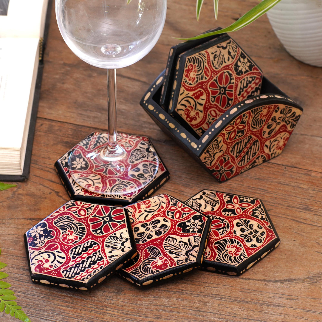 Red and Black Floral Batik Set of Six Wadang Wood Coasters - Sekarjagad