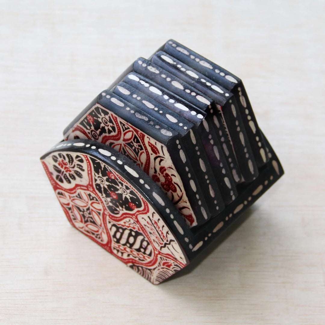 Red and Black Floral Batik Set of Six Wadang Wood Coasters - Sekarjagad