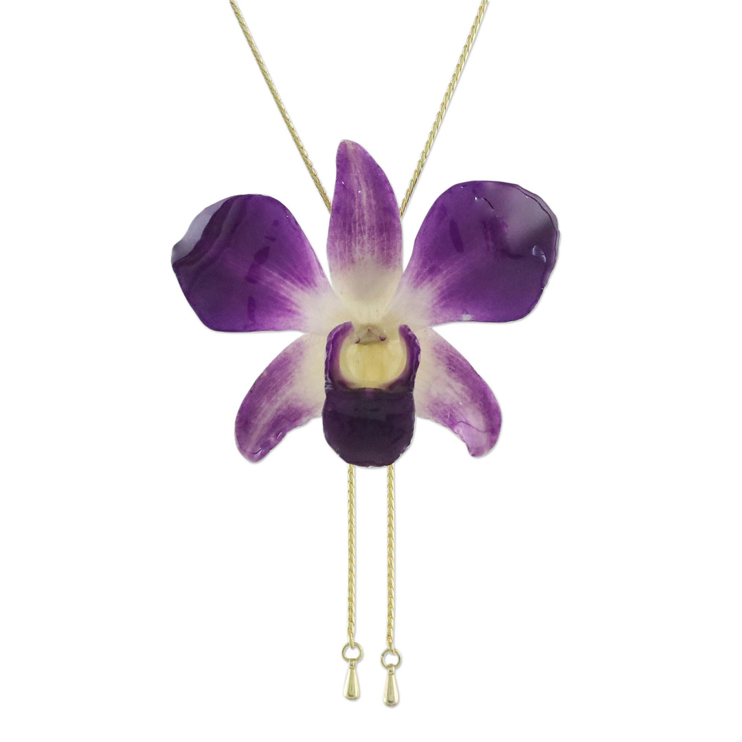 Genuine Purple Orchid Resin Pendant Necklace with Gold Chain - Orchid Majesty