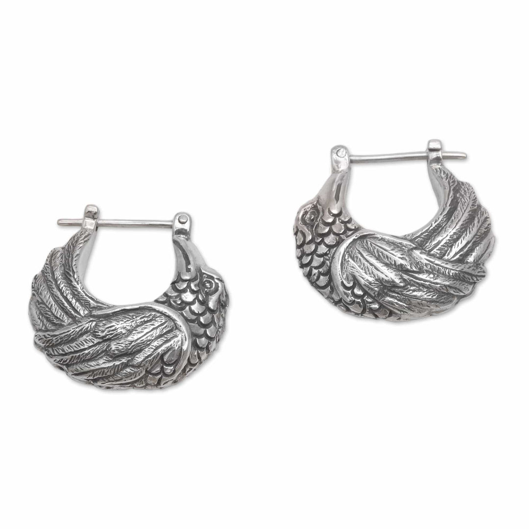 Sterling Silver Kingfisher Feathered Bird Half-Hoop Earrings - Kingfisher
