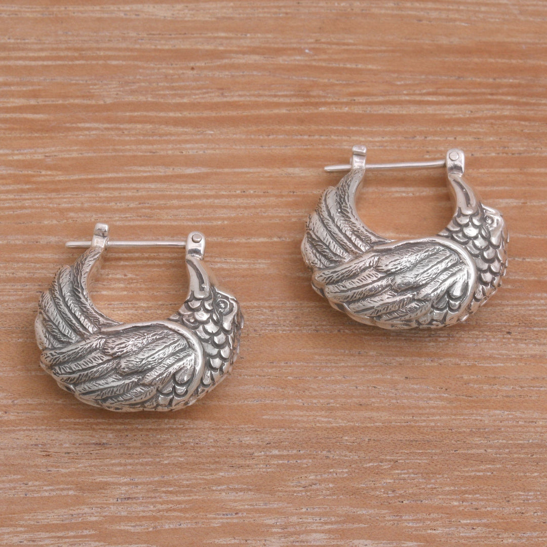 Sterling Silver Kingfisher Feathered Bird Half-Hoop Earrings - Kingfisher