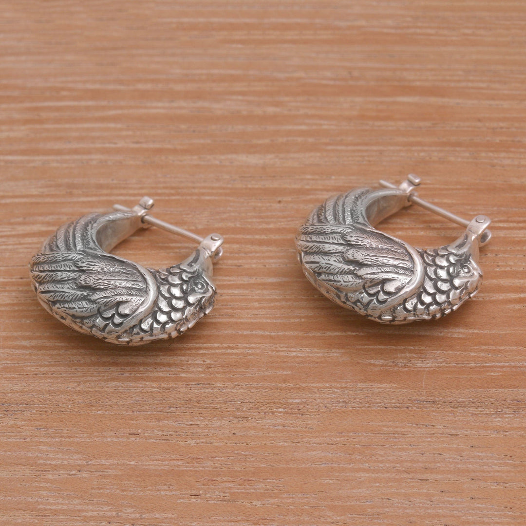 Sterling Silver Kingfisher Feathered Bird Half-Hoop Earrings - Kingfisher