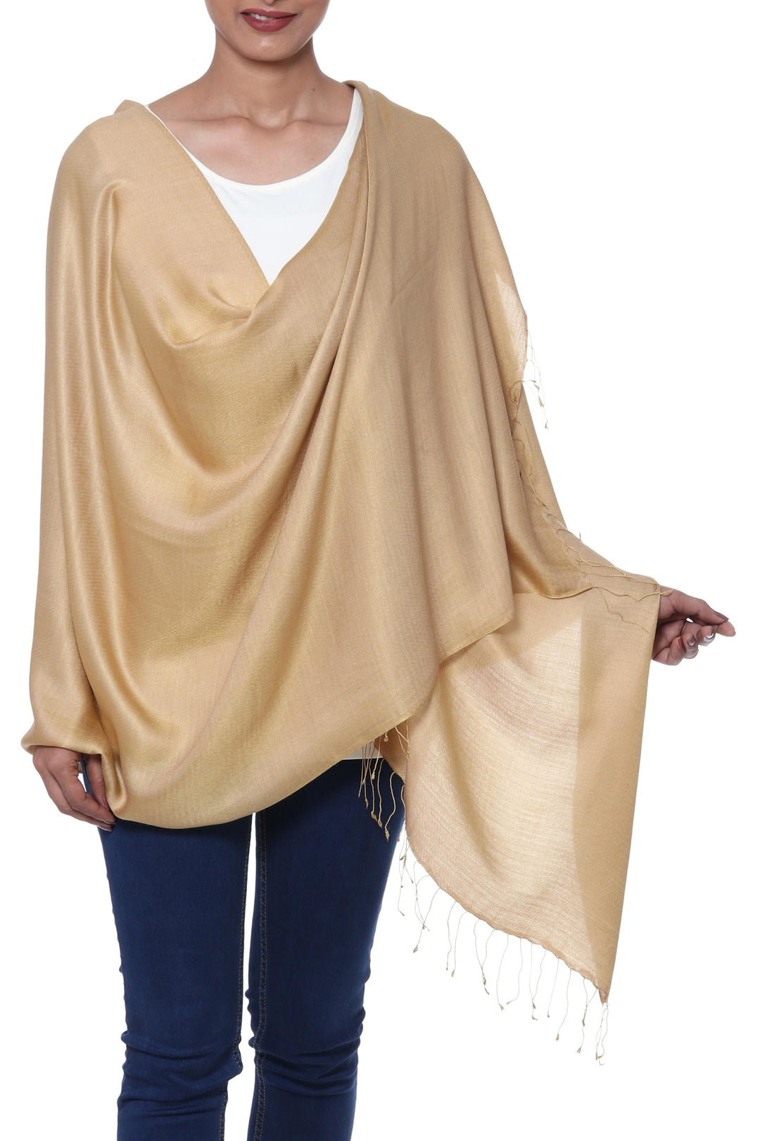 Pure Silk Shawl in Warm Golden Color from India - Golden Nights