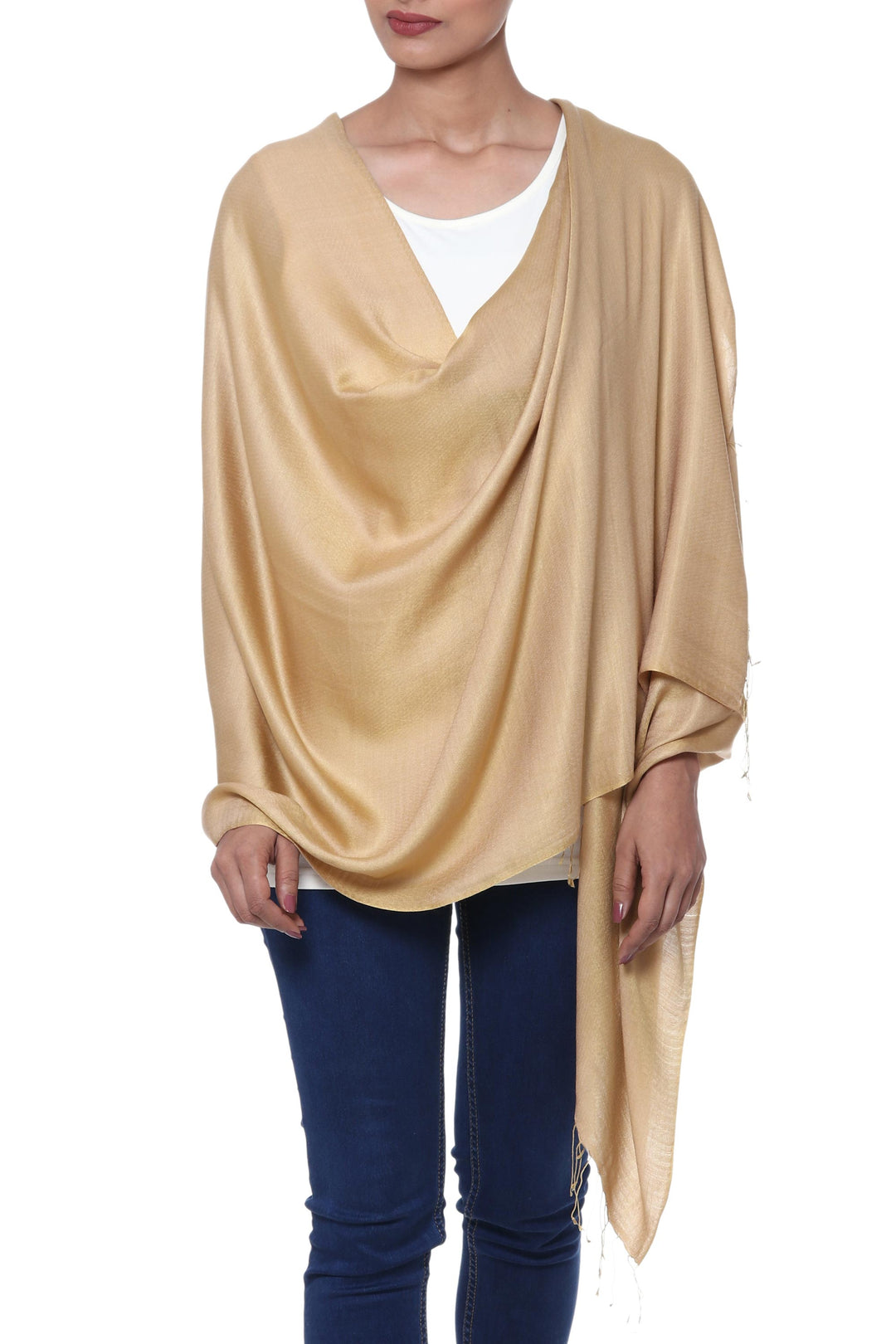 Pure Silk Shawl in Warm Golden Color from India - Golden Nights