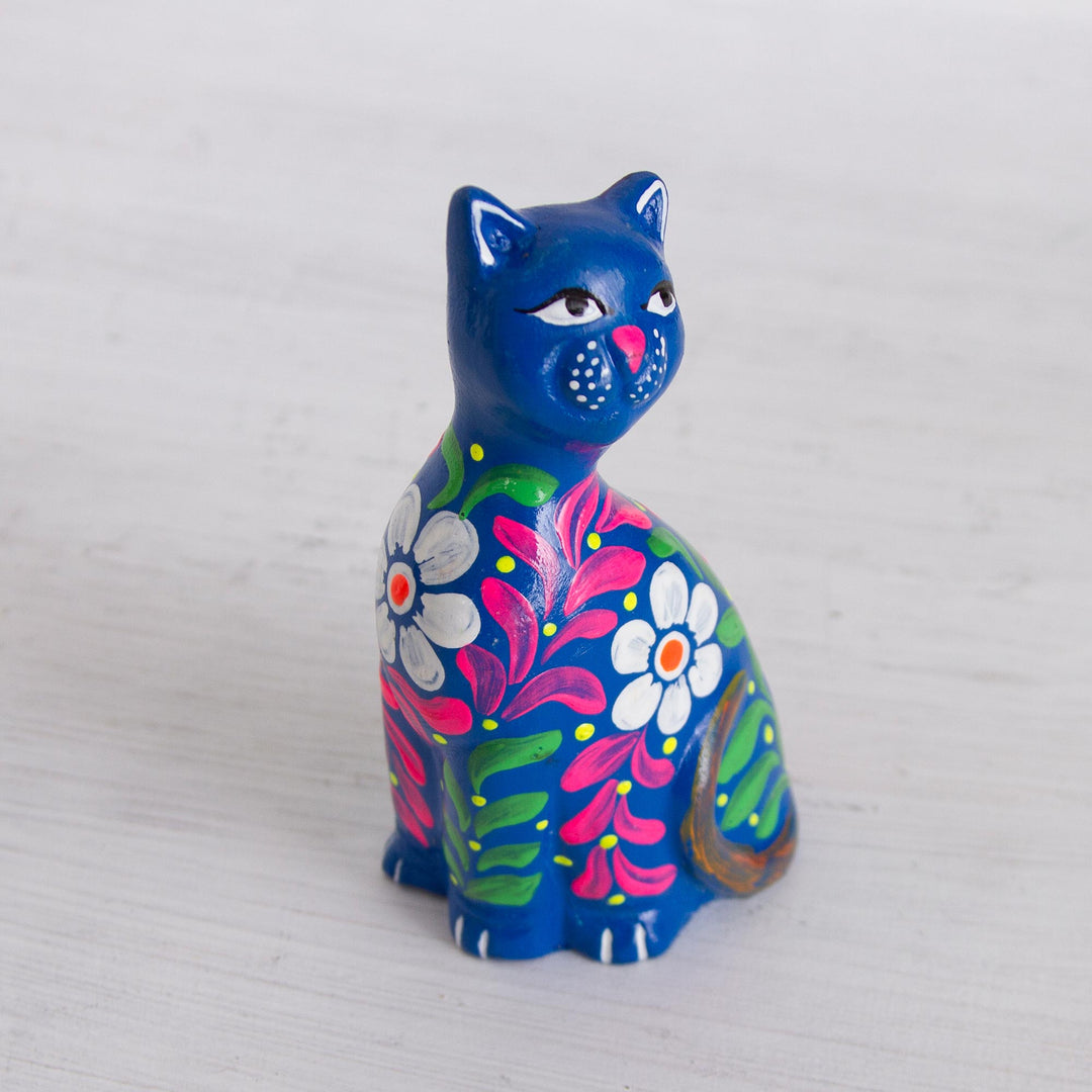 Peruvian Artisan Crafted Floral Ceramic Cat Figurine in Blue - Sweet Cat in Blue