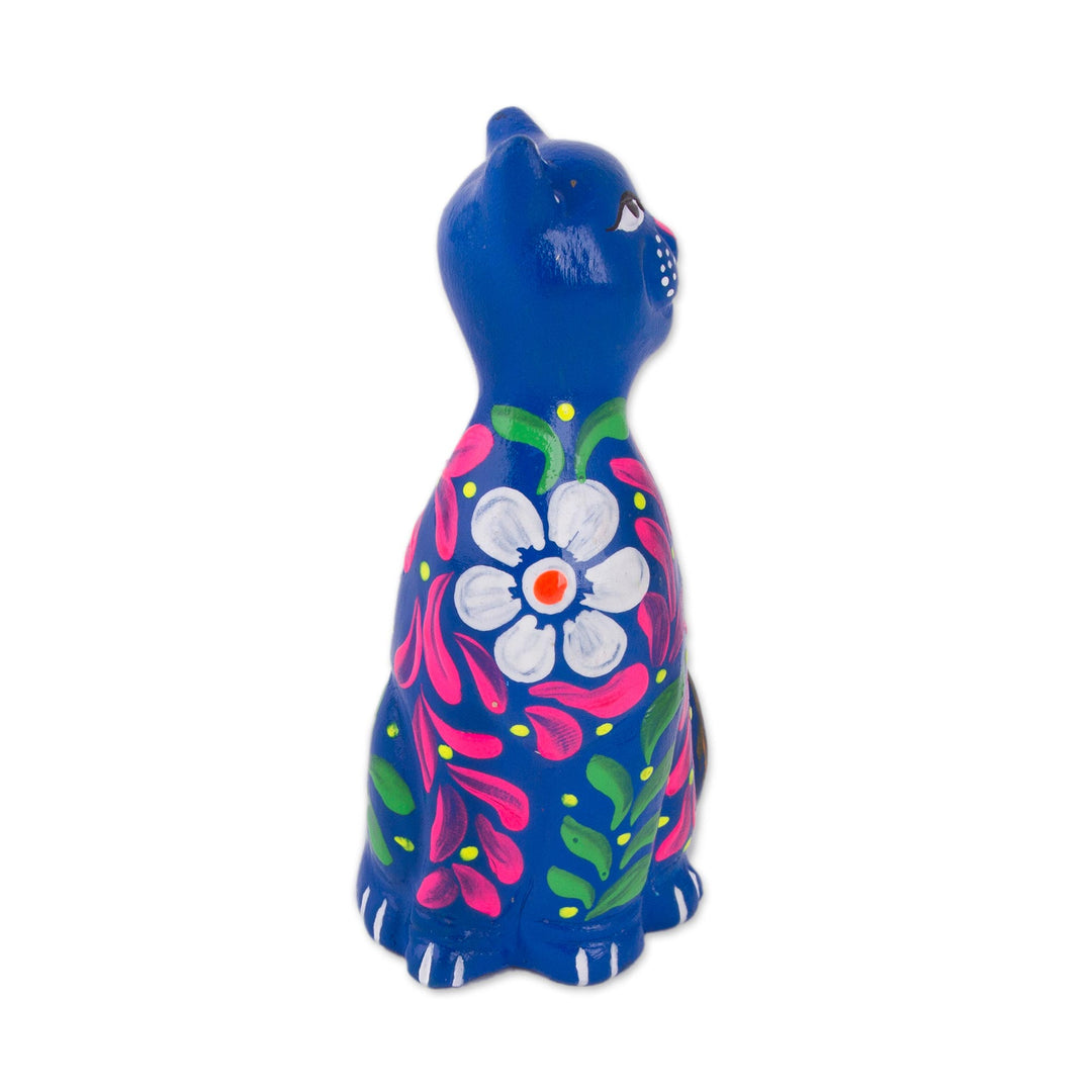 Peruvian Artisan Crafted Floral Ceramic Cat Figurine in Blue - Sweet Cat in Blue