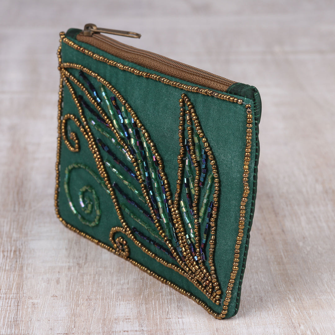 Pine Green Cotton and Silk Clutch with Leaf Motif Beading - Enchanting