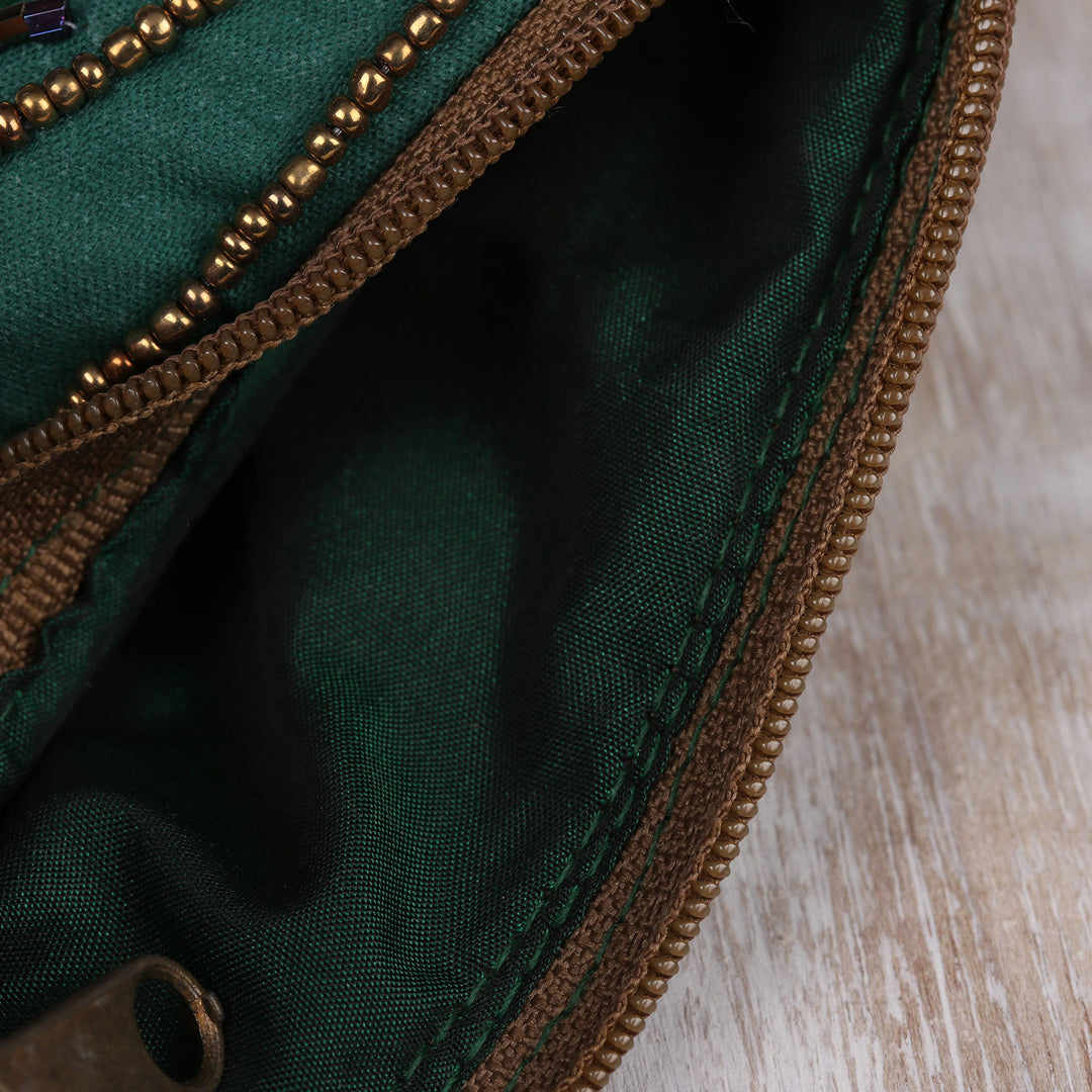 Pine Green Cotton and Silk Clutch with Leaf Motif Beading - Enchanting
