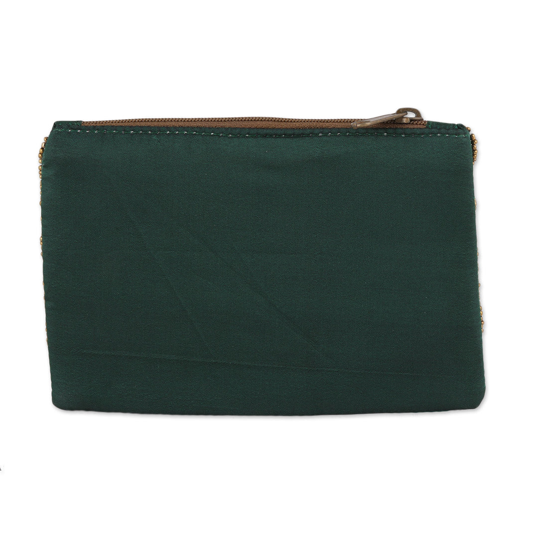 Pine Green Cotton and Silk Clutch with Leaf Motif Beading - Enchanting