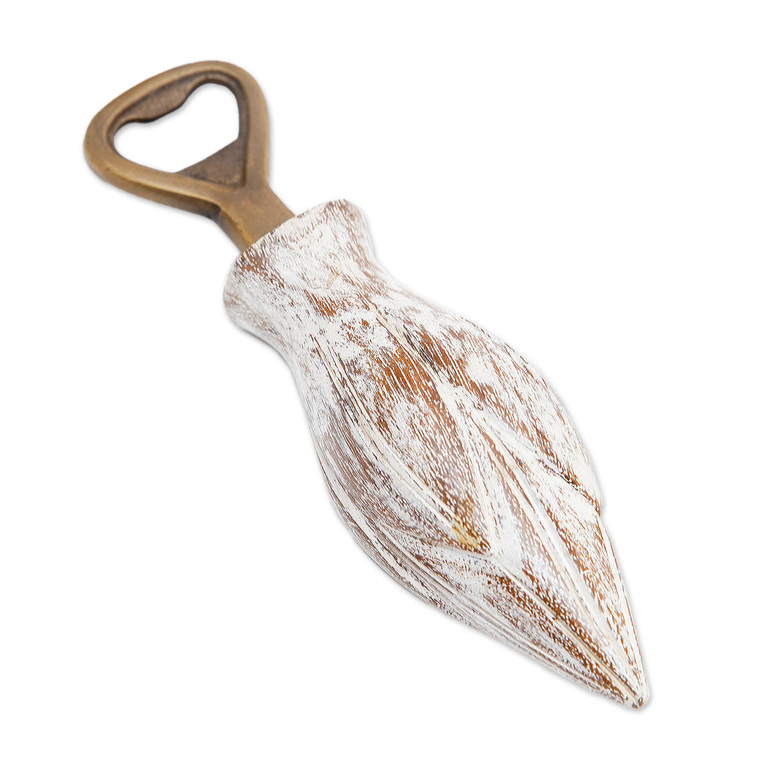 Handcrafted Wood Lotus Bottle Opener in White from Bali - Young Lotus in White