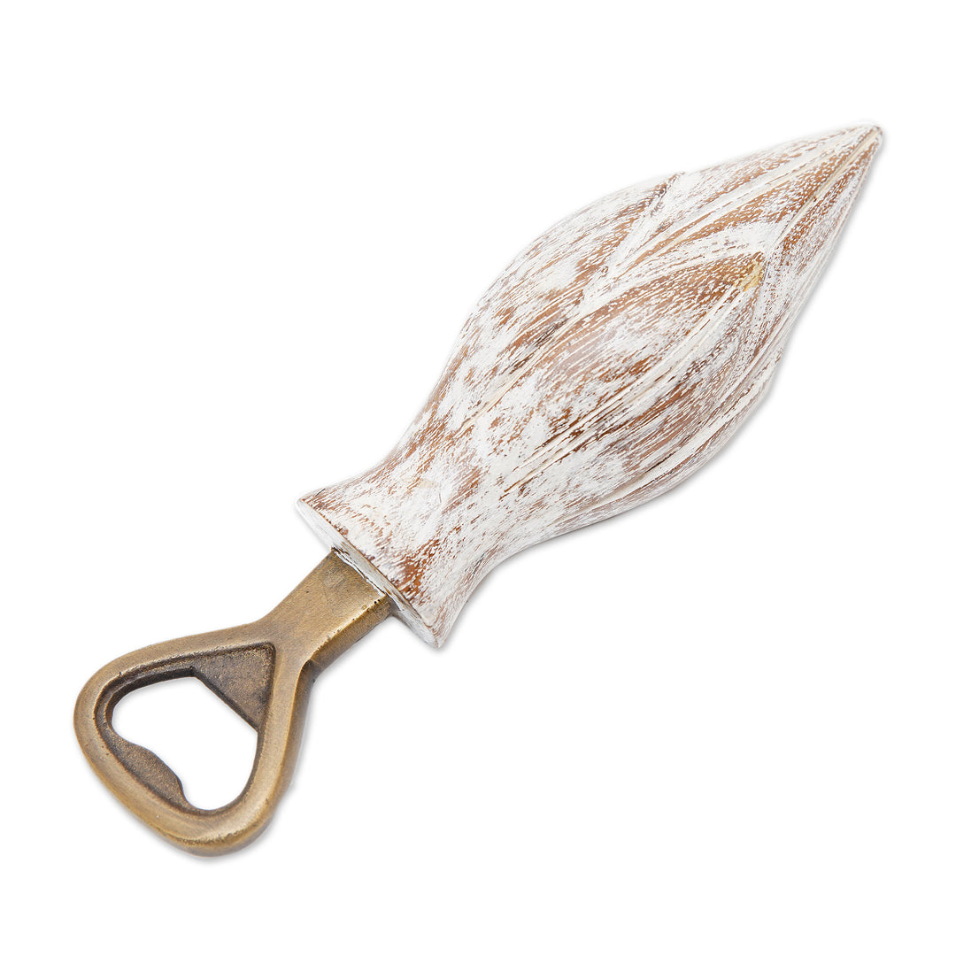 Handcrafted Wood Lotus Bottle Opener in White from Bali - Young Lotus in White