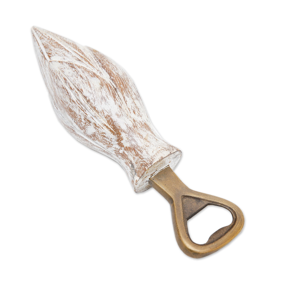 Handcrafted Wood Lotus Bottle Opener in White from Bali - Young Lotus in White
