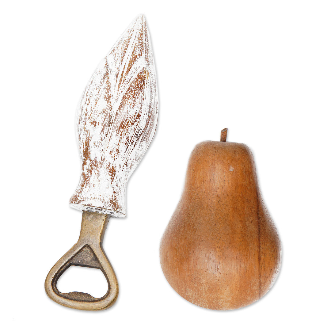 Handcrafted Wood Lotus Bottle Opener in White from Bali - Young Lotus in White