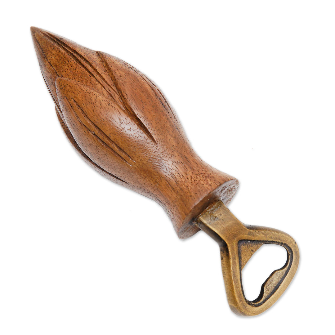 Handcrafted Wood Lotus Bottle Opener in Brown from Bali - Young Lotus in Brown